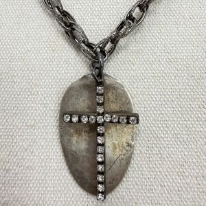 Rhinestone Cross Necklace Chain Silver Tone Oval Pendant Religious Christian